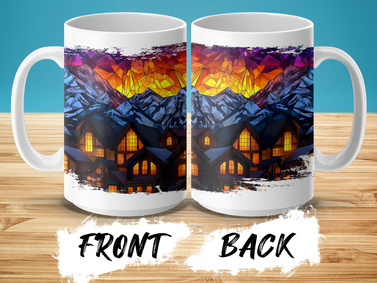 Vibrant Stained Glass Mountain Village Mug product type