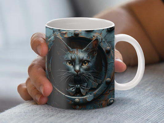 Steampunk Cat Mug, Unique Mechanical Cat Design, Novelty Coffee Cup, Gift for Cat Lovers, Artistic Drinkware, Cool Office Mug