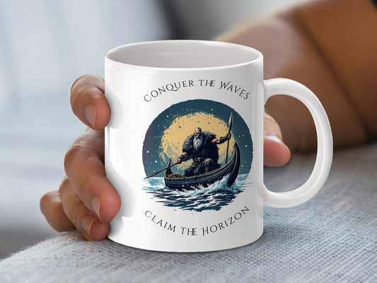 Viking Boat Coffee Mug, Conquer the Waves, Claim the Horizon, Nautical Viking Art, Gift for History Buffs, Unique Norse Mythology Cup