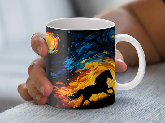 Colorful Abstract Art Coffee Mug, Van Gogh Inspired Starry Night, Vibrant Horse Silhouette Ceramic Cup