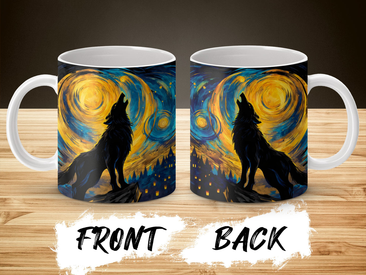 Wolf Howling Starry Night Inspired Art Coffee Mug, Van Gogh Style Wolf Artwork Ceramic Cup