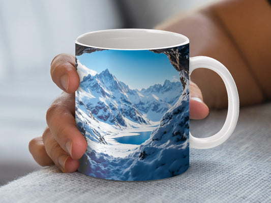 Scenic Mountain Lake Coffee Mug, Snowy Peaks Ceramic Cup, Nature Photography Drinkware, Unique Gift Idea