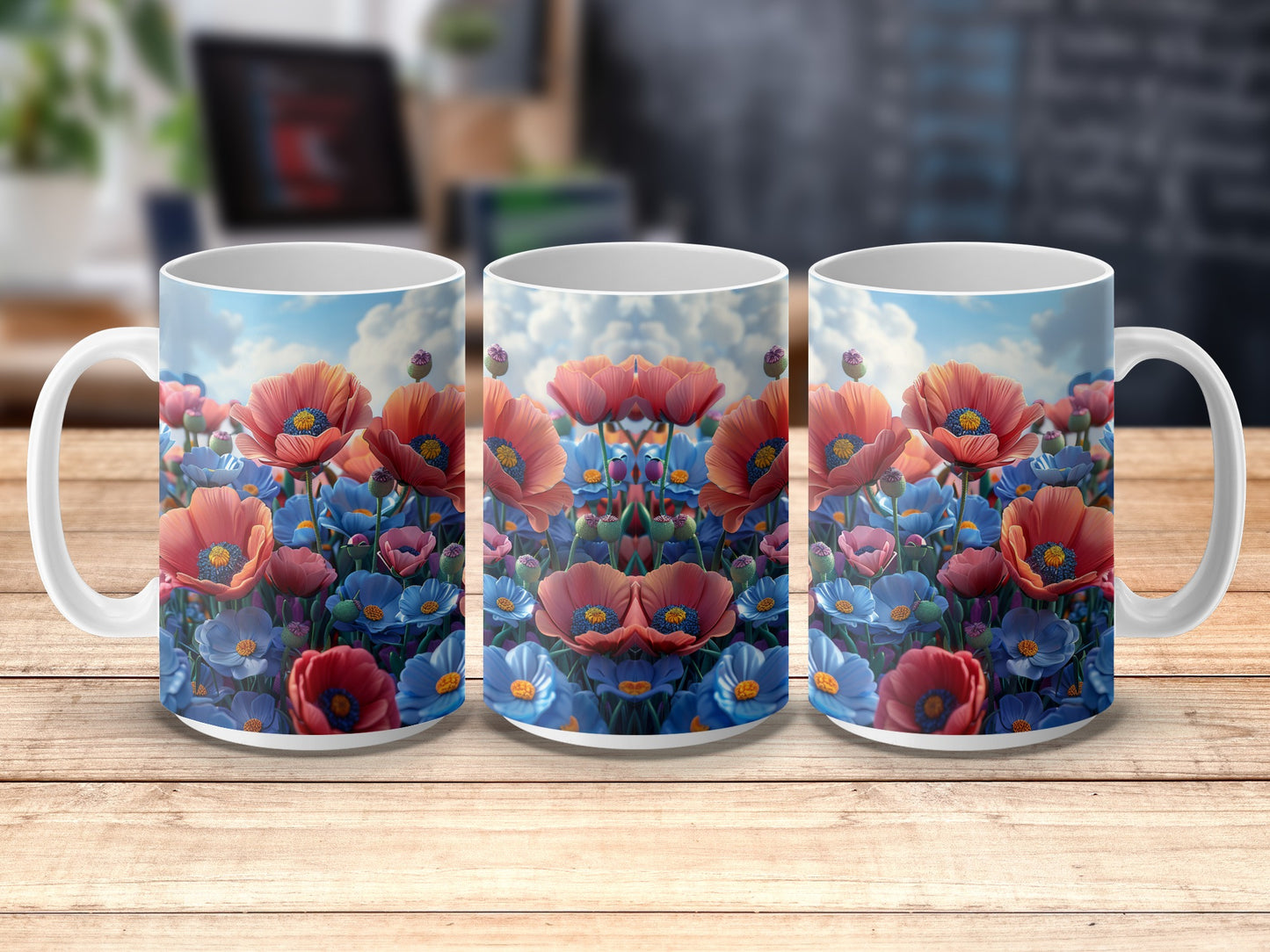 Floral Coffee Mug, Red Poppy Flowers Design, Blue Background, Ceramic Tea Cup, Unique Gift Idea