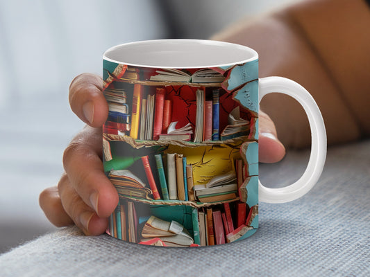 Colorful Bookshelf Design Coffee Mug, Vintage Books Print, Literary Gift, Reader's Delight Ceramic Cup