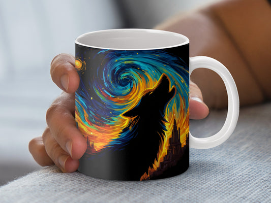 Wolf Silhouette Starry Night Coffee Mug, Van Gogh Inspired Artistic Tea Cup, Unique Gift Idea