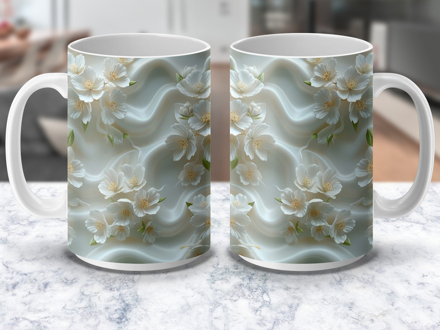 Elegant Floral Coffee Mug, White Blossom Design on Blue Background, Ceramic Cup for Tea and Coffee, Gift Idea