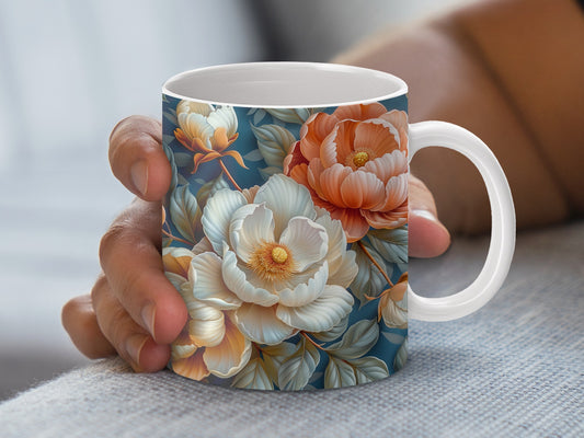 Floral Coffee Mug, Vibrant Orange and White Flowers Design, Ceramic Tea Cup, Gift Idea