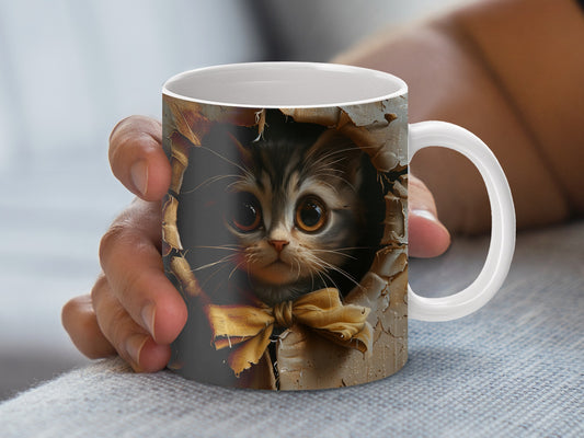 Cute Cat Coffee Mug, Kitten in Bow Tie, Animal Lover Gift, Ceramic Tea Cup, Unique Pet Themed Drinkware, Cat Lover Present Idea