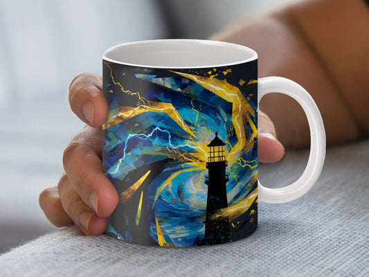 Lighthouse Coffee Mug, Abstract Ocean Art, Nautical Theme, Blue Gold Swirls, Ceramic Cup, Unique Gift for Sea Lovers