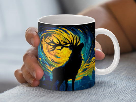 Starry Night Deer Silhouette Mug, Van Gogh Inspired Artistic Coffee Cup, Unique Wildlife Kitchen Decor
