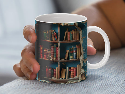 Vintage Library Bookshelf Coffee Mug, Literary Gift for Readers, Book Lover Tea Cup, Unique Bibliophile Birthday Present, 11 oz Ceramic Mug