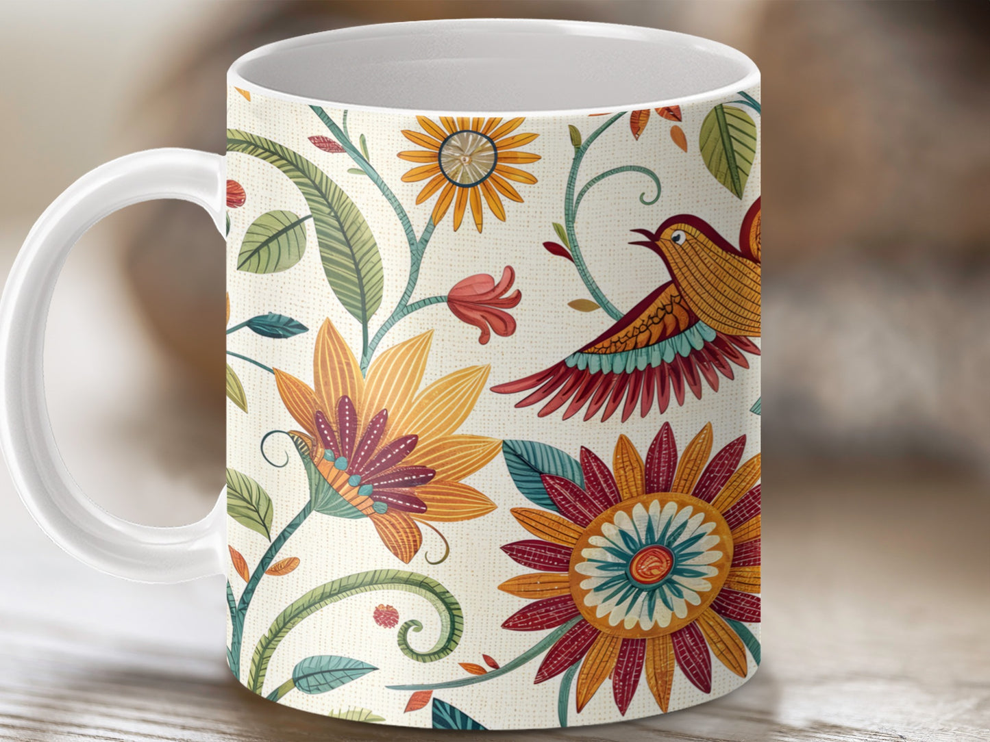Vibrant Floral and Bird Print Coffee Mug product