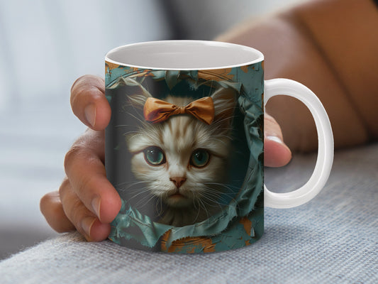 Cute Cat Mug with Bow, Turquoise Leaf Pattern, Kitten Coffee Cup, Perfect Gift for Cat Lovers