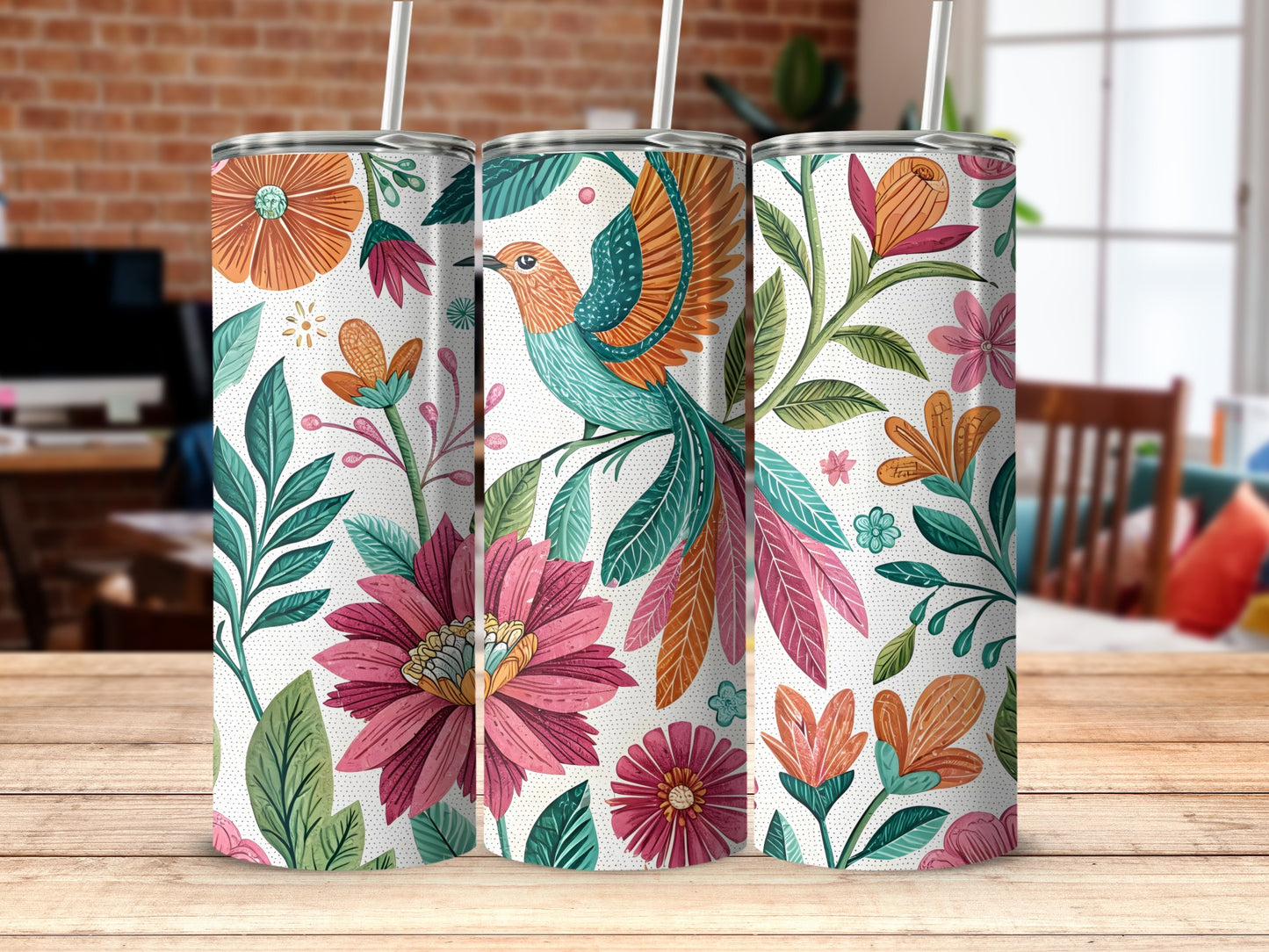 Vibrant Floral and Bird Design for Tumbler Product
