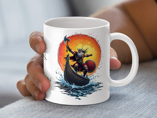Viking Warrior Coffee Mug, Norse Mythology Art Cup, Unique Viking Ship Collector's Mug, Gift for History Buffs