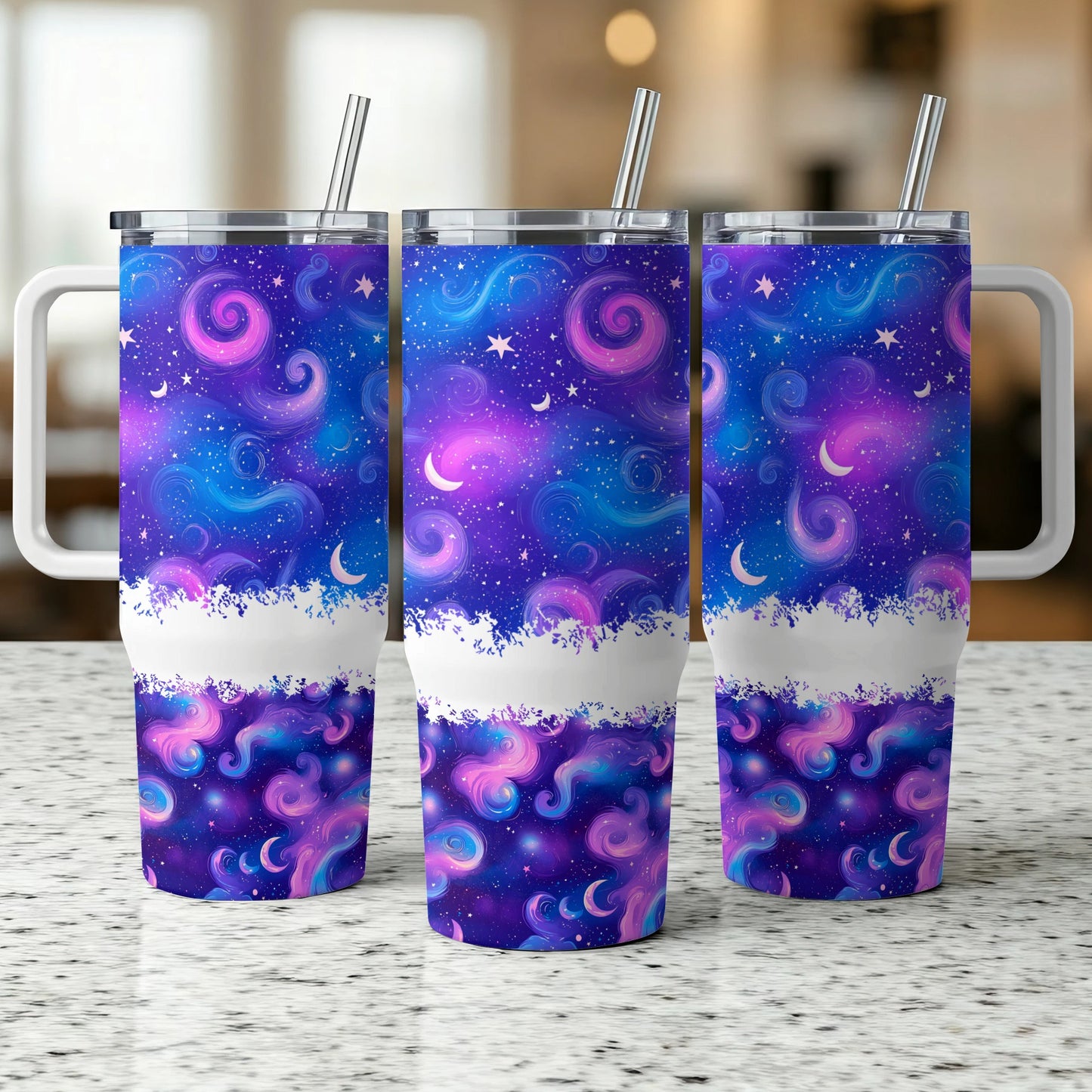 Galaxy Pattern Tumbler Cups, Stainless Steel Insulated Travel Mugs, Purple Space Design with Straw, Set of 3