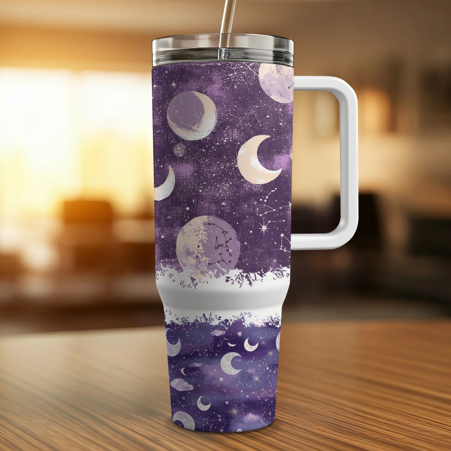 Galaxy Print Insulated Travel Mug, Space Theme Stainless Steel Tumbler, Moon and Stars Coffee Cup