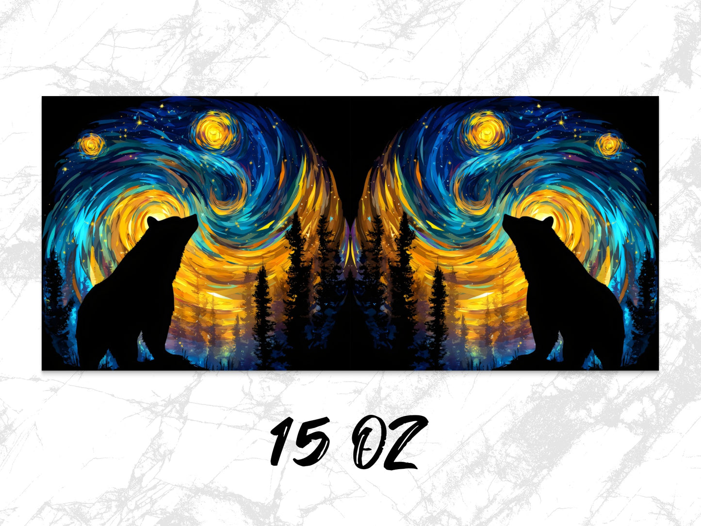 Starry Night Forest Bears Silhouette Coffee Mug, Artistic Van Gogh Inspired Twin Design, Unique Wildlife Art Mug 15 oz