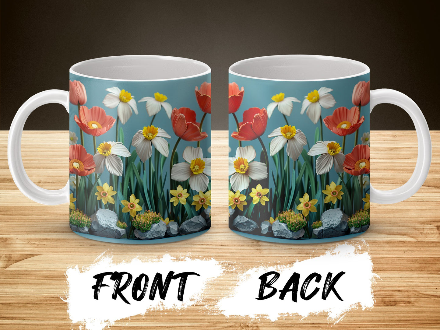 Floral Coffee Mug, Colorful Spring Flowers and Stones Design, Ceramic Cup for Tea and Hot Beverages