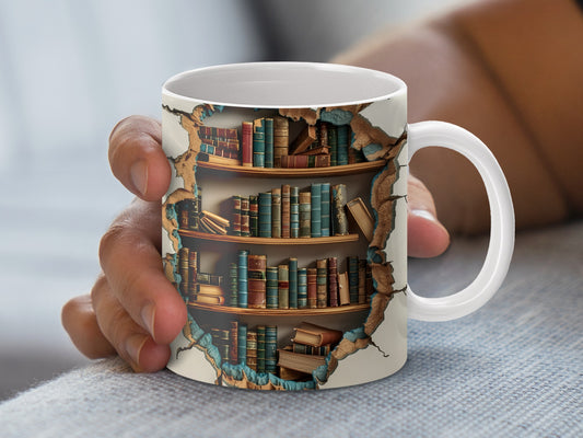 Library Bookshelf Design Mug, Vintage Books Coffee Cup, Reader Gift, Literary Tea Mug, Book Lover Gift, Unique Office Mug Decor