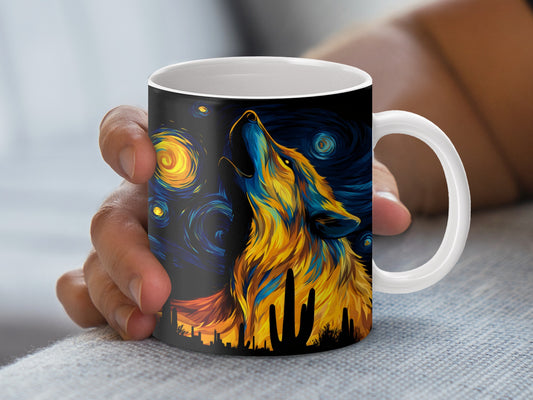 Colorful Wolf Art Coffee Mug, Starry Night Sky Wolf Print, Unique Wildlife Animal Cup, Gift Idea