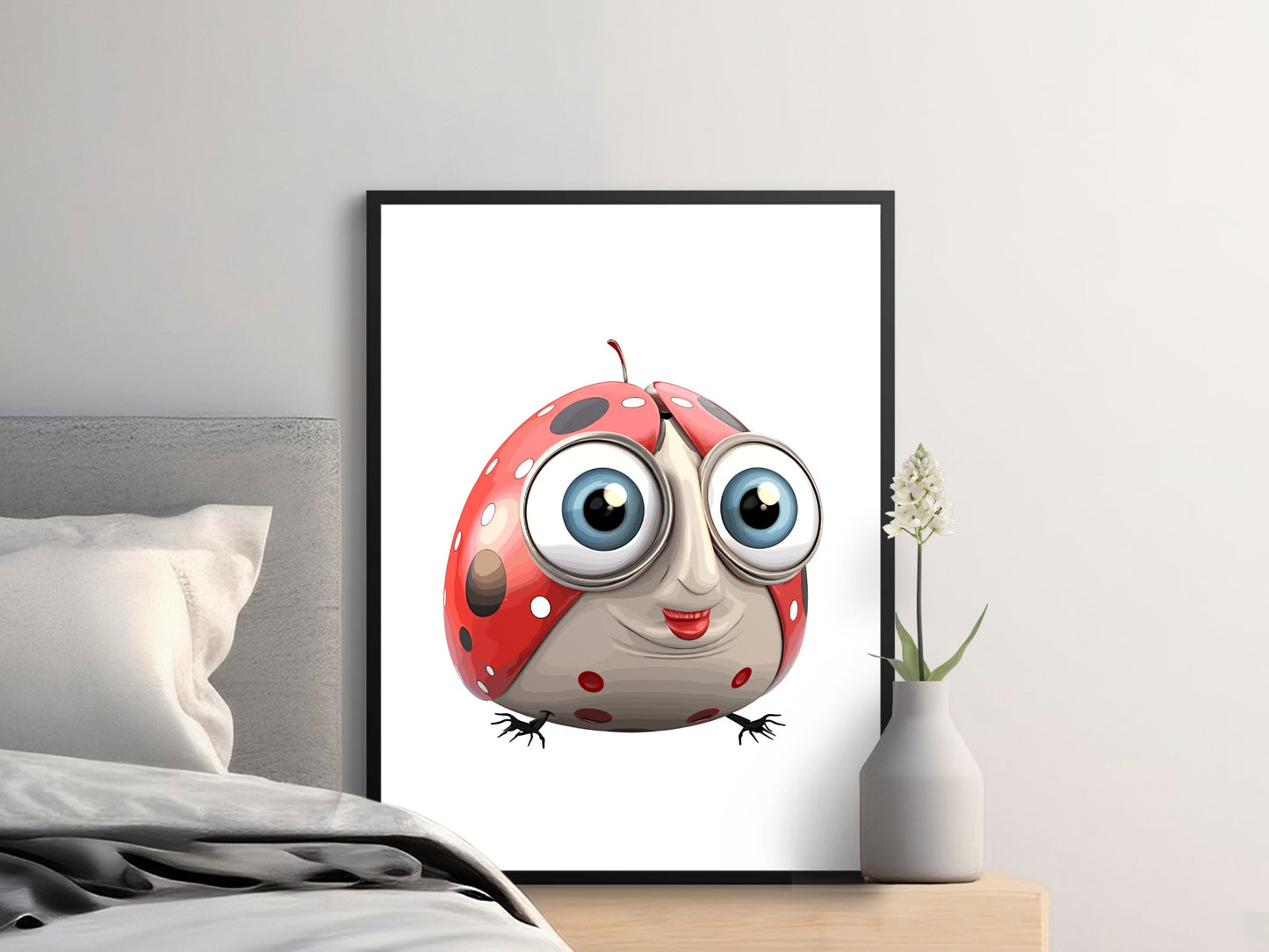 Cute Ladybug Cartoon Art Print, Colorful Nursery Wall Decor, Whimsical Kids Room Poster, Unique Gift Idea