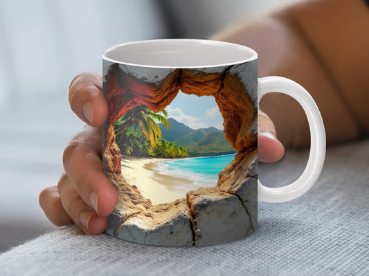 Tropical Beach Scene Coffee Mug, Ceramic Paradise Island Print Cup, Vibrant Office Drinkware Gift