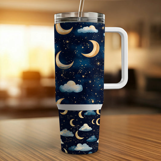 Celestial Travel Mug, Blue and Gold Moon Phase Tumbler, Stars and Clouds Insulated Coffee Cup, Gift for Space Lovers