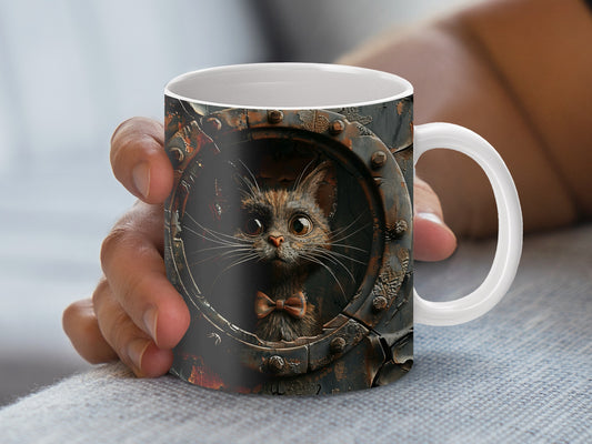 Steampunk Cat Mug, Unique Mechanical Kitten Art Coffee Cup, Vintage Gear Design, Gift for Cat Lovers