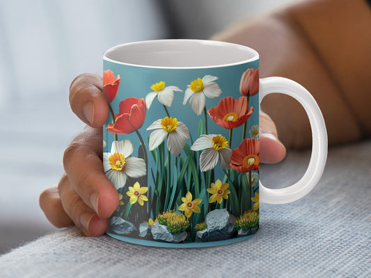 Colorful Floral Coffee Mug, Spring Flowers Ceramic Cup, Tulips and Daisies Design, Gift Idea