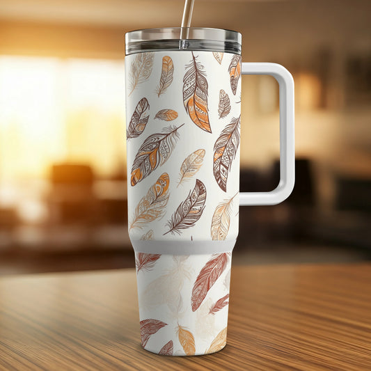 Autumn Leaf Pattern Travel Mug, Insulated White Coffee Tumbler, Fall Leaves Stainless Steel Cup