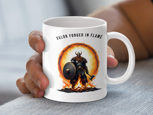 Viking Warrior Mug, Valor Forged in Flame Coffee Cup, Norse Mythology Gift, Fantasy Art Drinkware