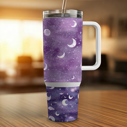 Purple Galaxy Print Tumbler, Stainless Steel Insulated Mug, Moon and Stars Design, Travel Drinkware, Gift Idea