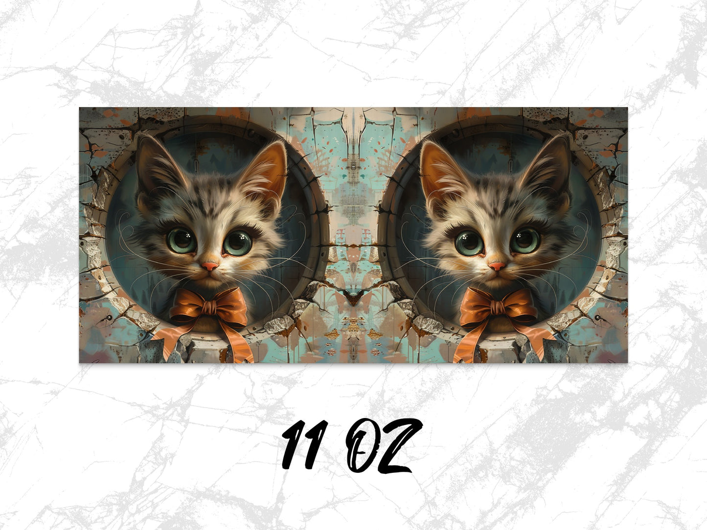 Cute Cat Coffee Mug, Kitten with Bow Vintage Art Print, 11 oz Unique Cat Lover Gift, Animal Themed Kitchen Decor