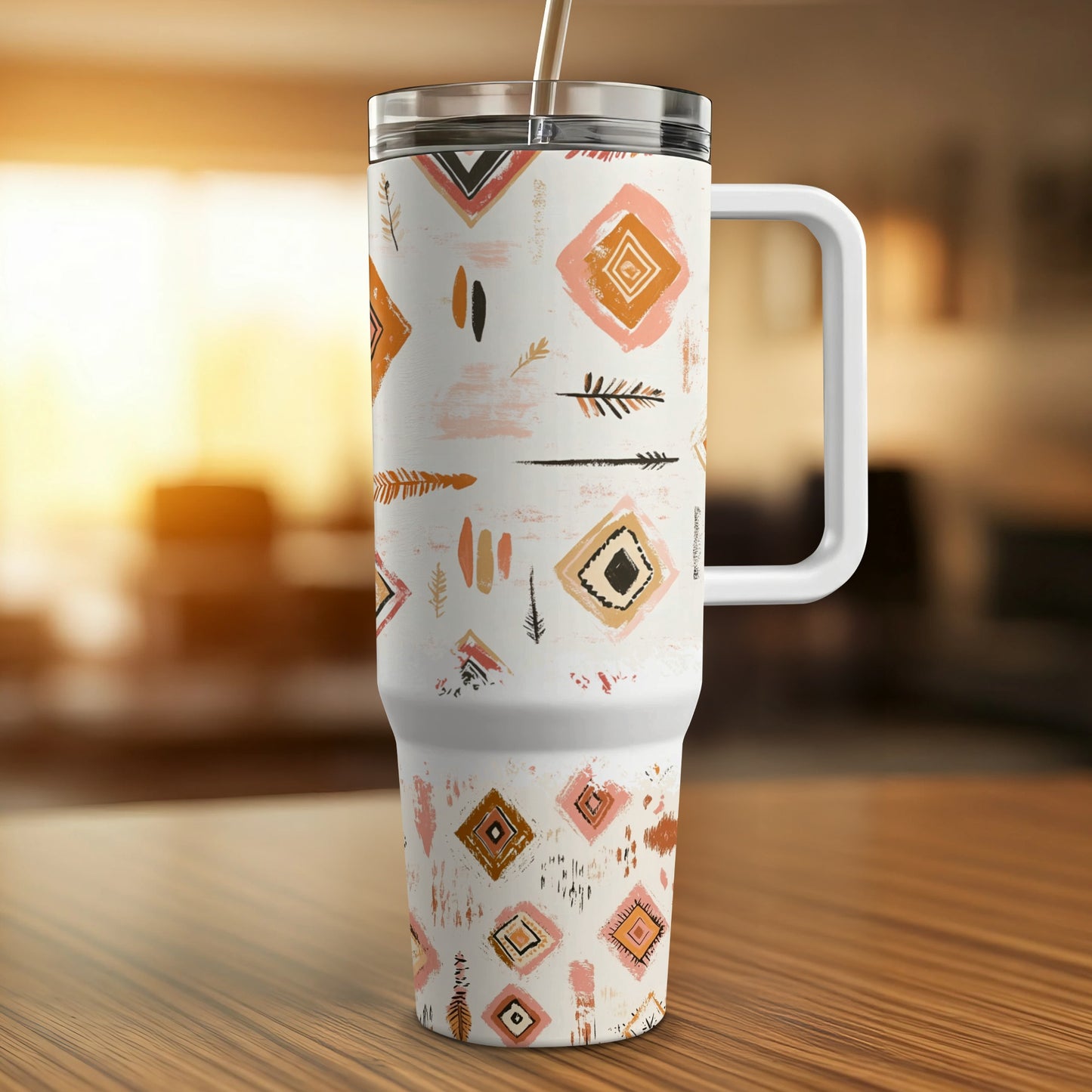 Bohemian Style Insulated Travel Mug, Tribal Pattern Stainless Steel Tumbler with Lid and Handle