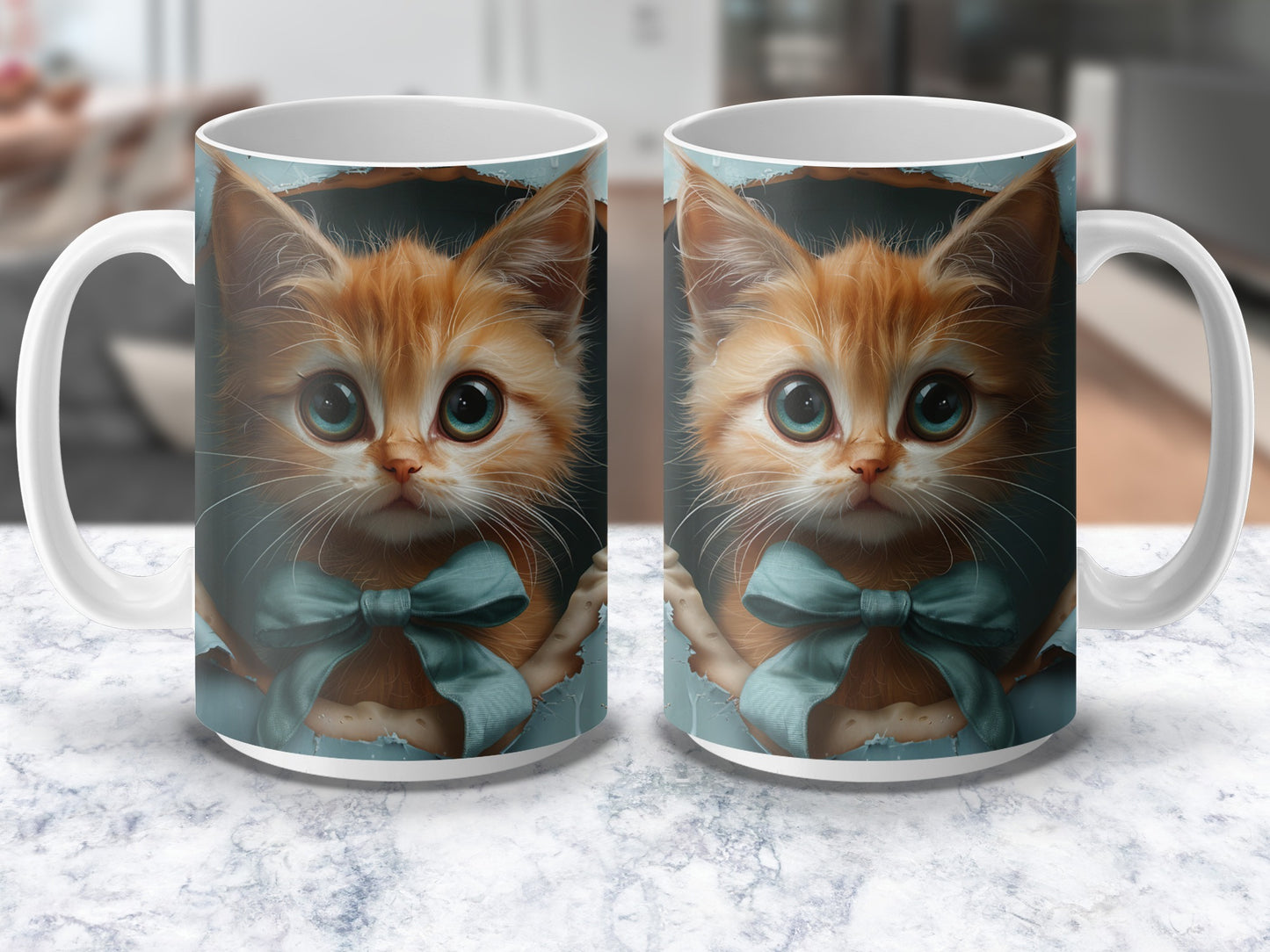 Cute Kitten Coffee Mug, Adorable Cat Print, Blue Bow, Animal Lover Gift, Unique Ceramic Mug for Home and Office