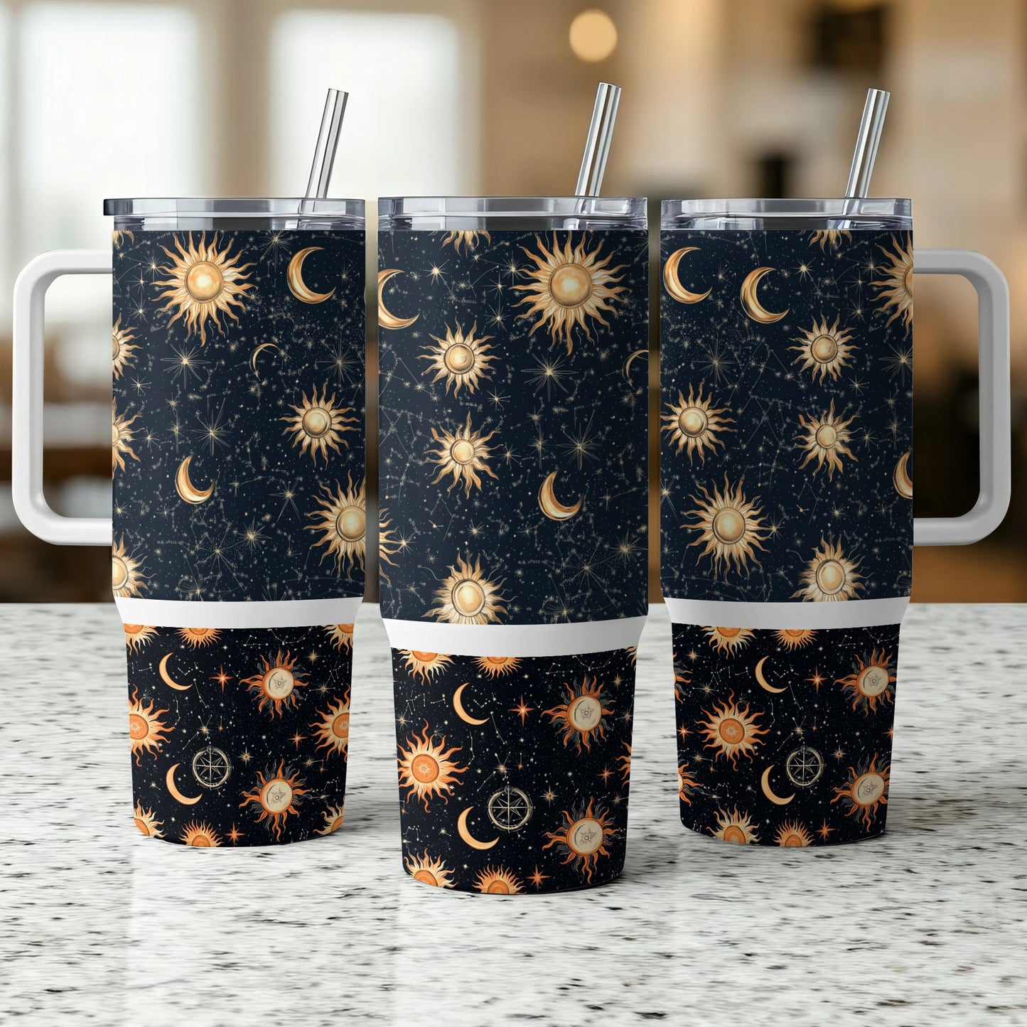 Celestial Tumbler Cups with Straws, Sun Moon Stars Design, Reusable Coffee Travel Mugs, Set of 3