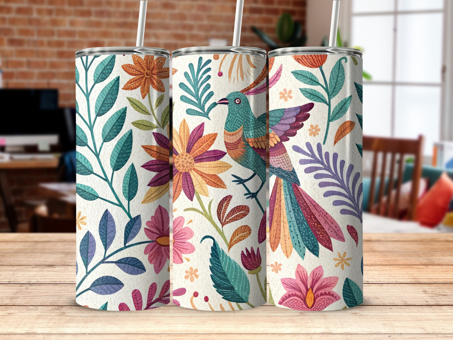 Colorful Floral and Bird Design Insulated Tumbler product