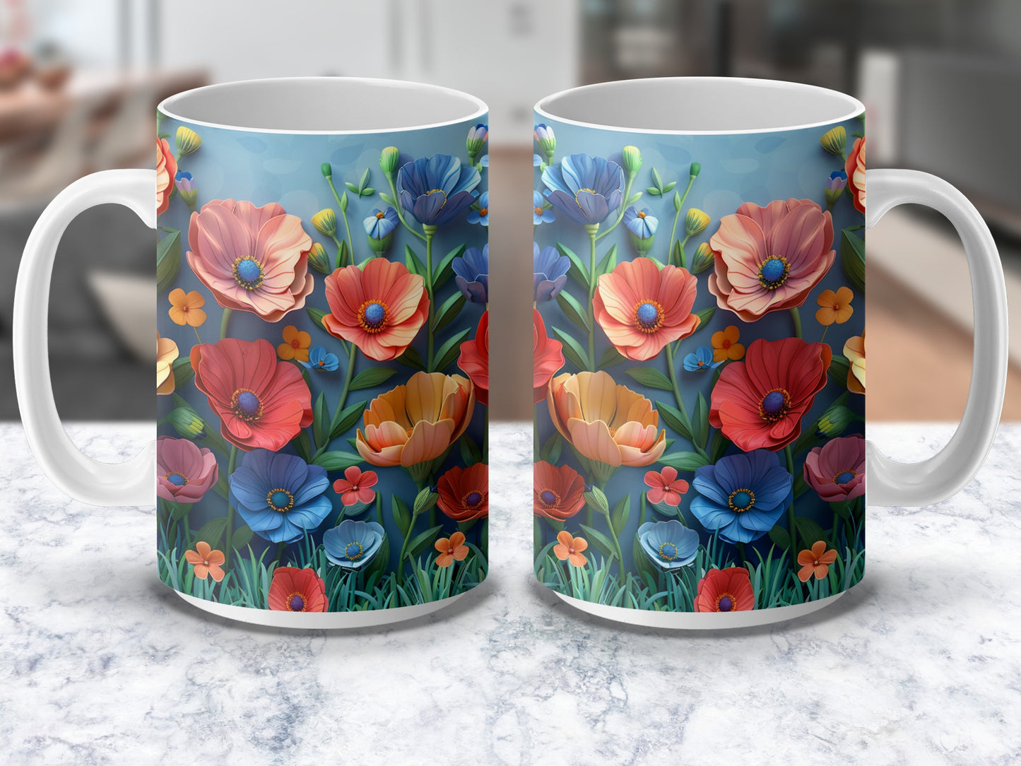Floral Coffee Mugs, Vibrant Poppy and Daisy Print, Blue Background, Set of Two, Kitchen Decor, Gift Idea