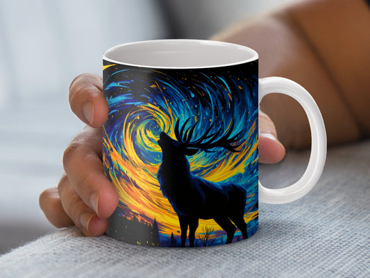 Colorful Deer Silhouette Coffee Mug, Artistic Wildlife Scene Cup, Vibrant Nature Inspired Drinkware, Unique Gift Idea