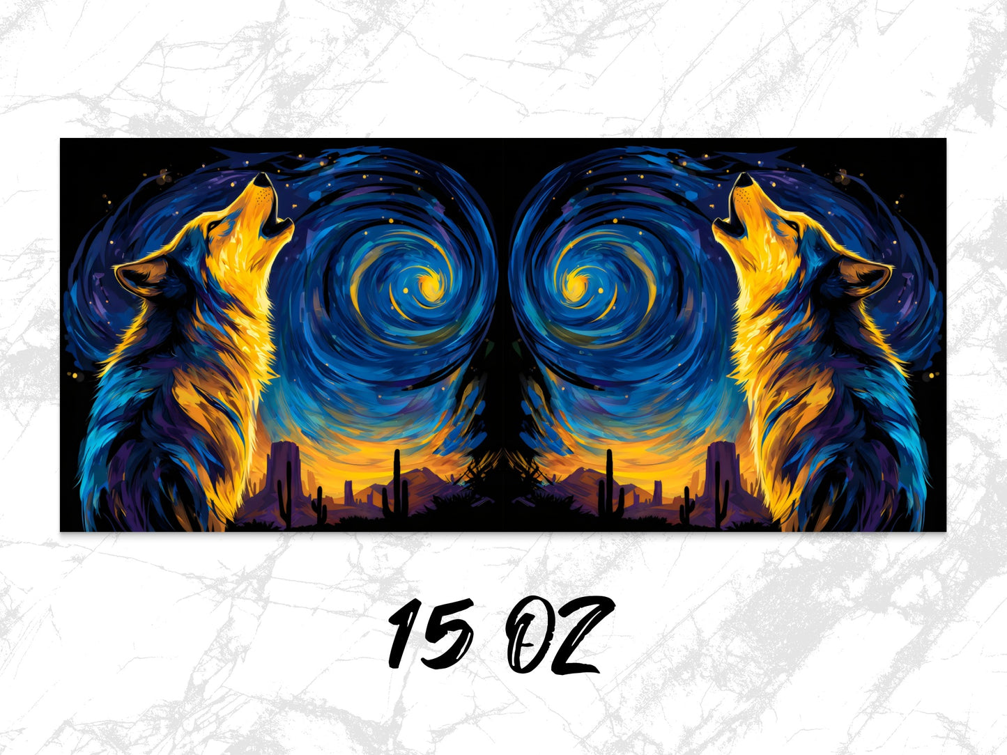 Blue and Orange Wolf Art Canvas Print, Abstract Wolves Starry Night Sky Wall Decor, Large Animal Artwork for Home Decoration 15 Oz