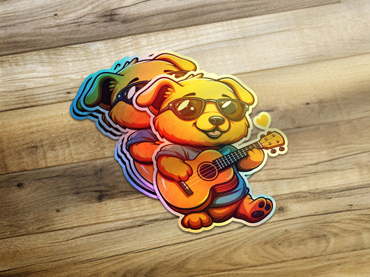 Cute Dog Wearing Sunglasses Holding Guitar sticker