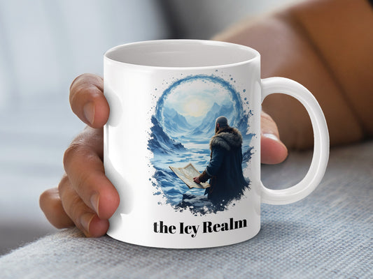 Fantasy Arctic Explorer Coffee Mug, Icy Realm Design, Full Moon Artistic Ceramic Cup, Unique Gift Idea for Adventure Lovers