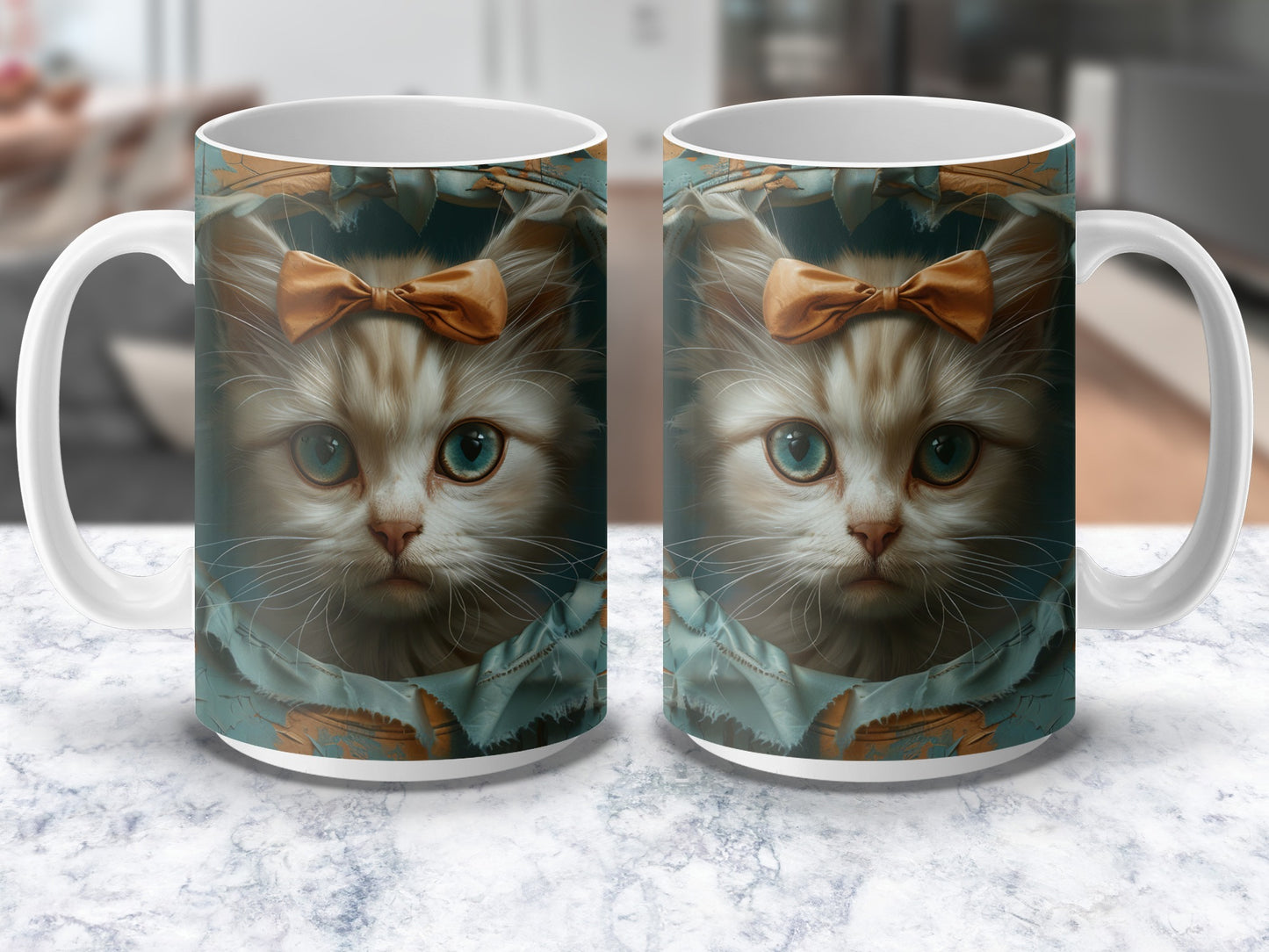Cat Coffee Mug, Cute Kitten with Bow Graphic, Large Ceramic Cup, Gift for Cat Lovers, Unique Cat Themed Drinkware, Pet Lover Gift