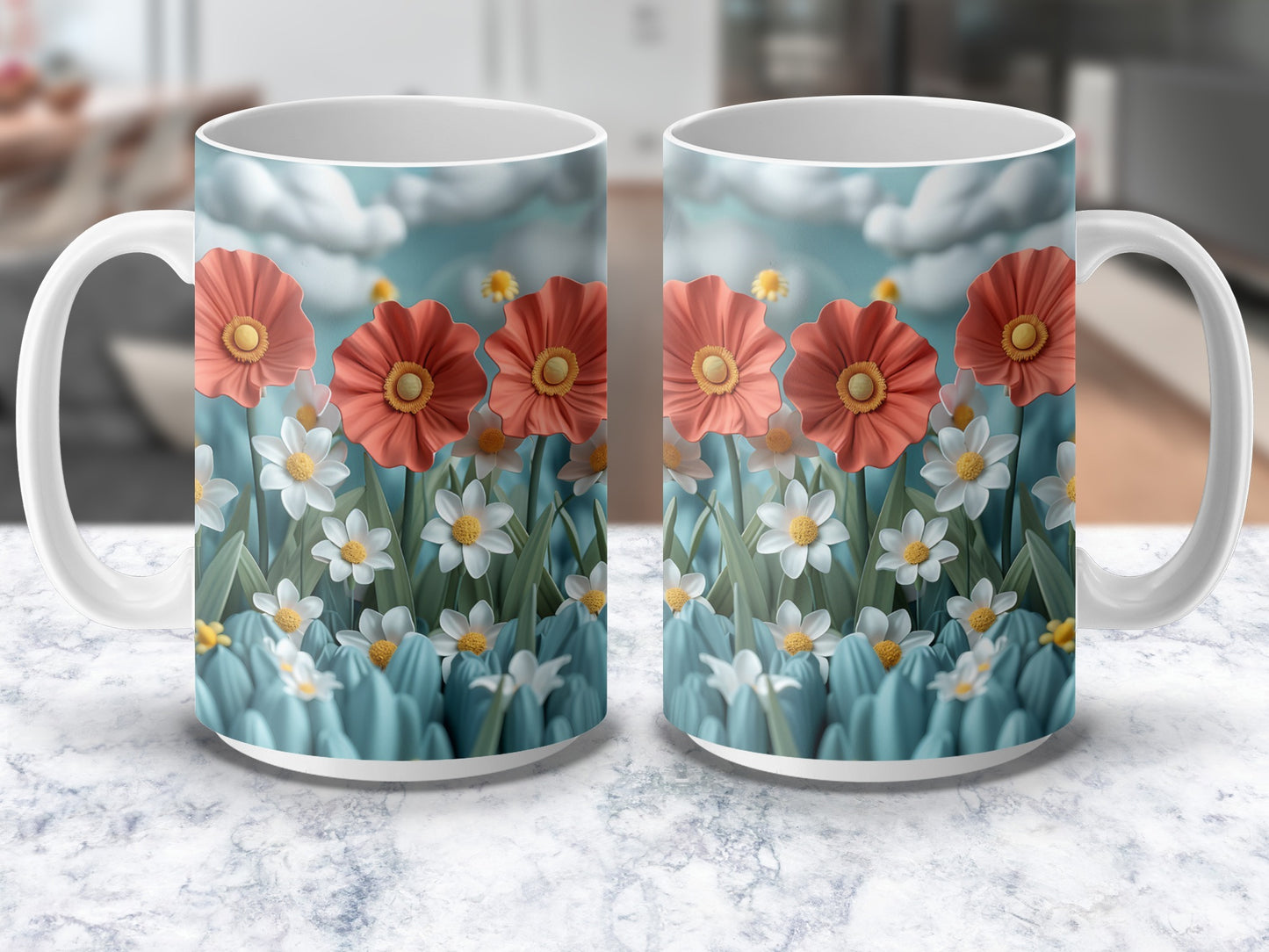 Floral Coffee Mugs, Red and White Flowers Print, Spring Garden Tea Cups, Set of Two, Kitchen Decor