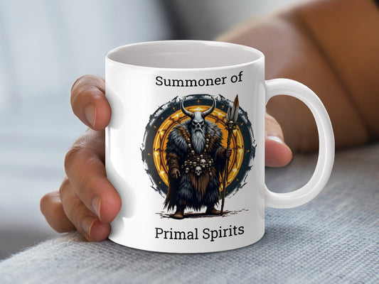 Fantasy Warrior Coffee Mug, Summoner of Primal Spirits, Unique Illustrated Gift, Custom Art Drinkware