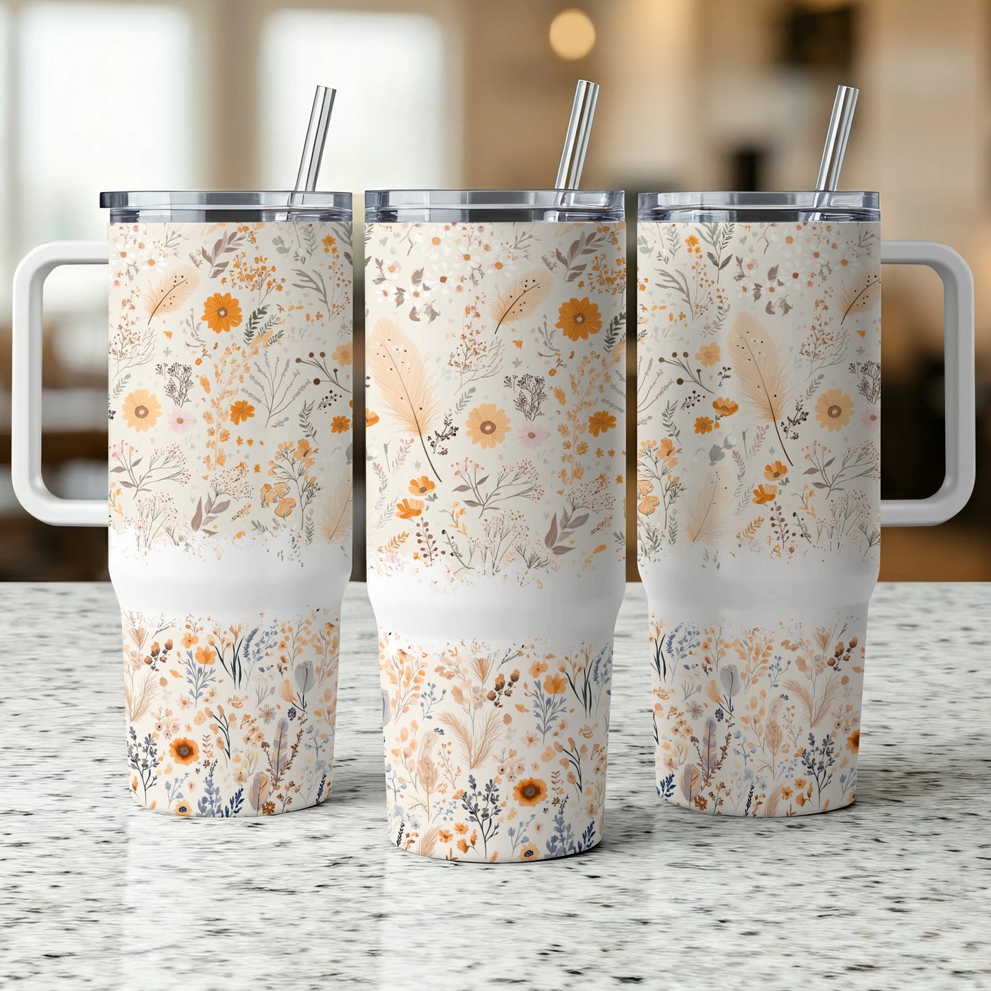 Floral Tumbler Cups with Lids and Straws, Insulated Travel Mug, Daisy and Wildflower Print, Set of 3