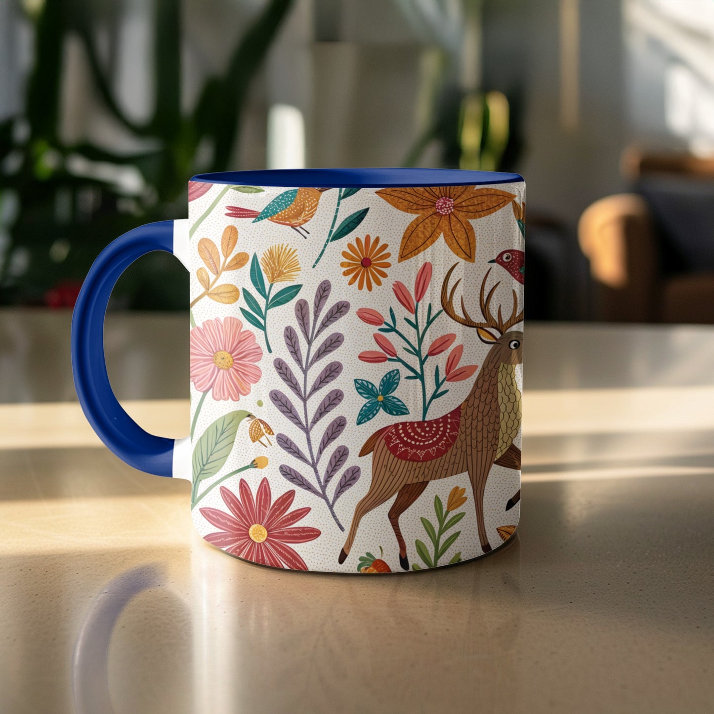 Vibrant Botanical Pattern with Deer Illustration Mug product type