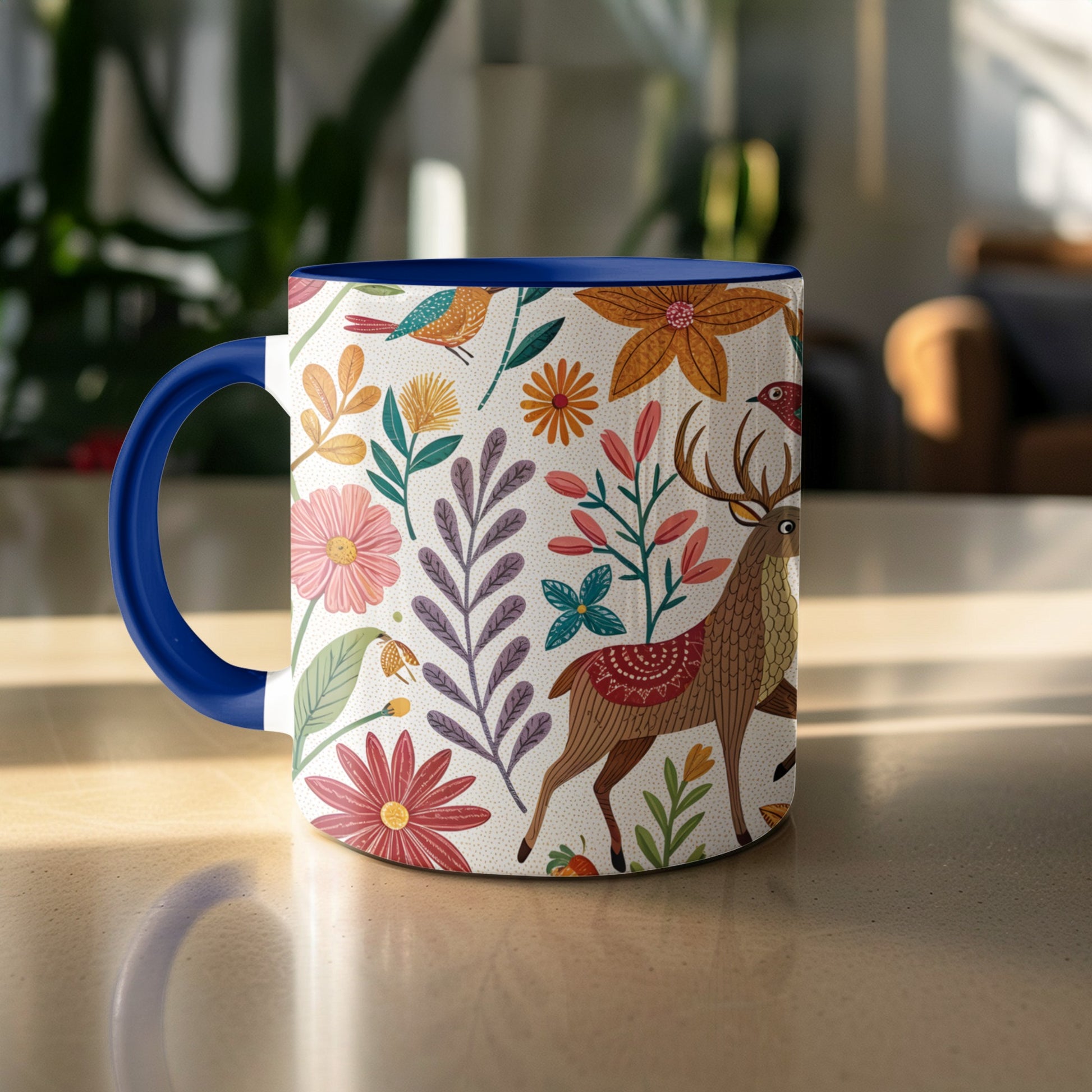Vibrant Botanical Pattern with Deer Illustration Mug product type