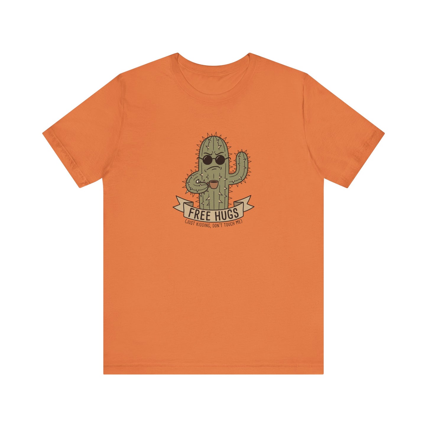 Orange t-shirt with cartoon cactus wearing sunglasses, holding coffee.
